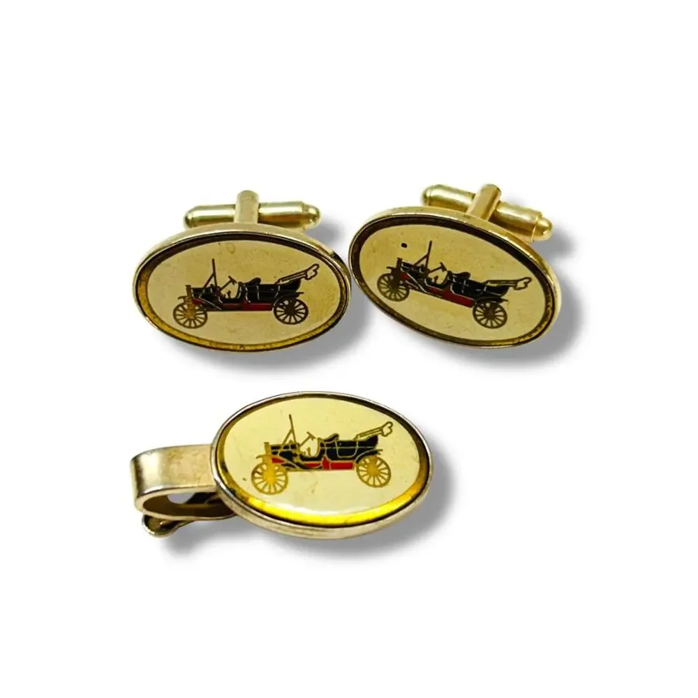 Vintage Cufflink and Tie Clip Bar Set Antique Car Bullet Back
